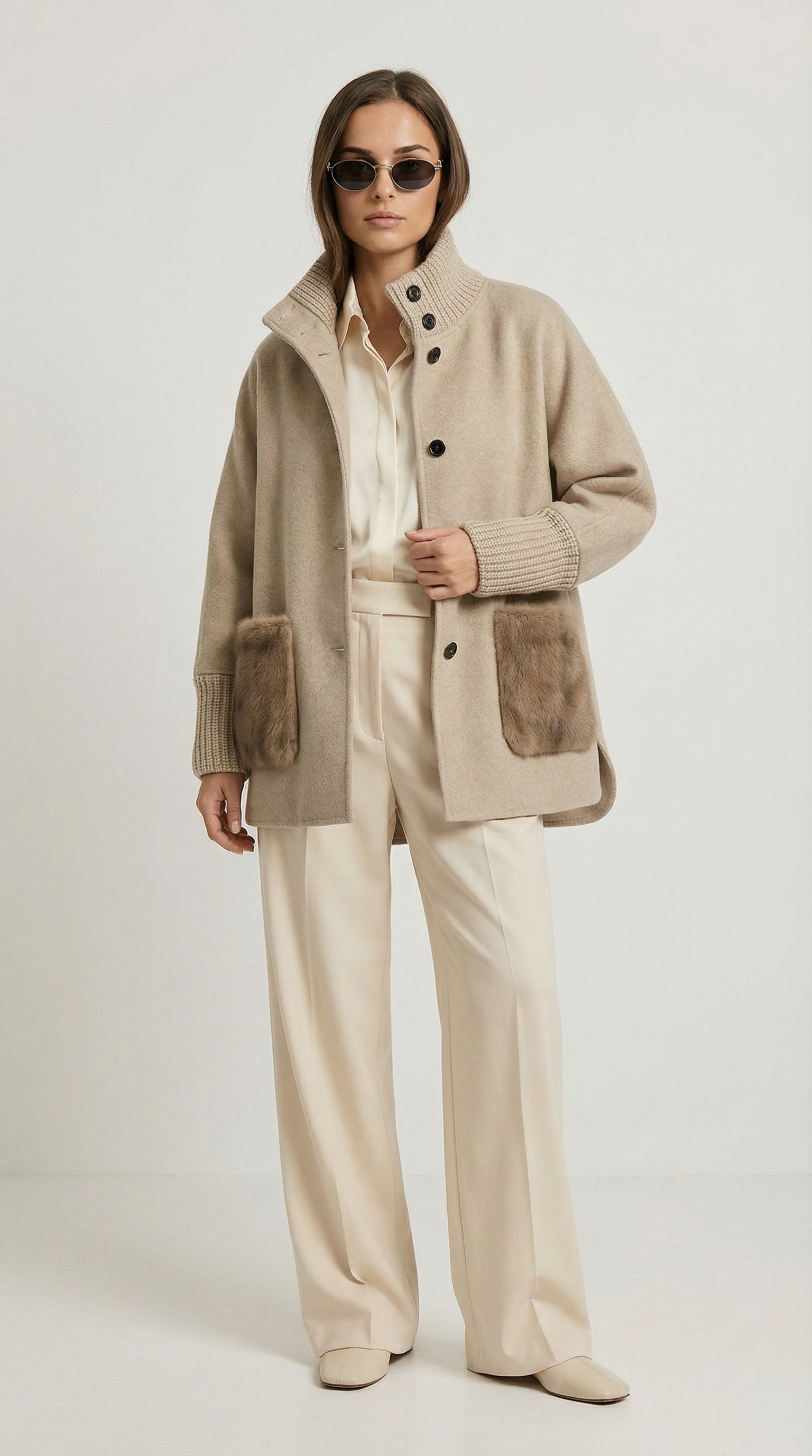 Seriss - Loose Knit Fur Sweater with Standup Collar Beige