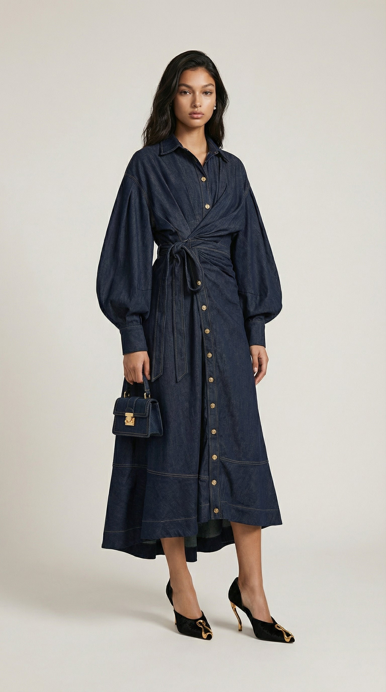Sillo - Long Oversized Sleeves Dress Navy Blue Denim