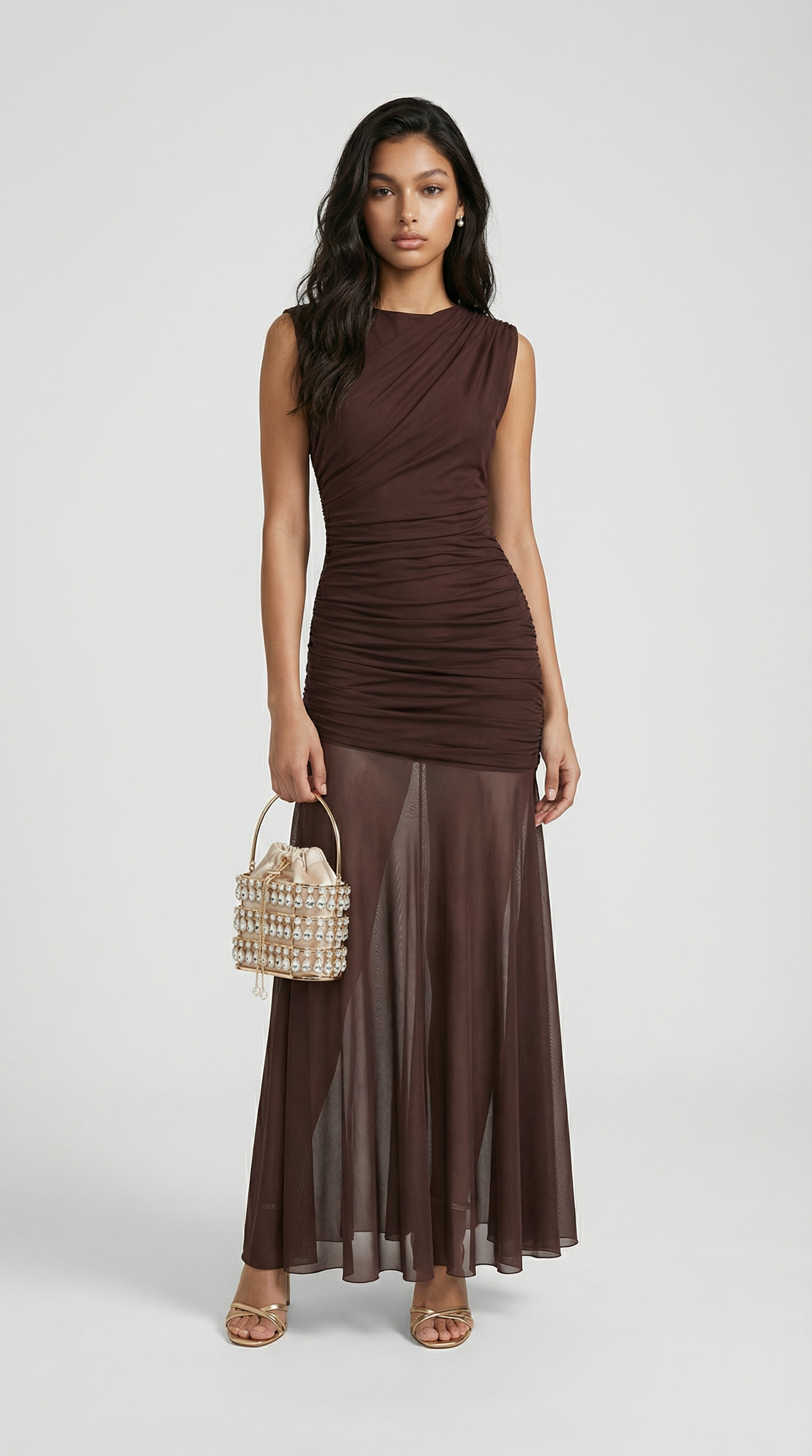 Clair - Minimalist Pleated Sculptural Long Dress Brown