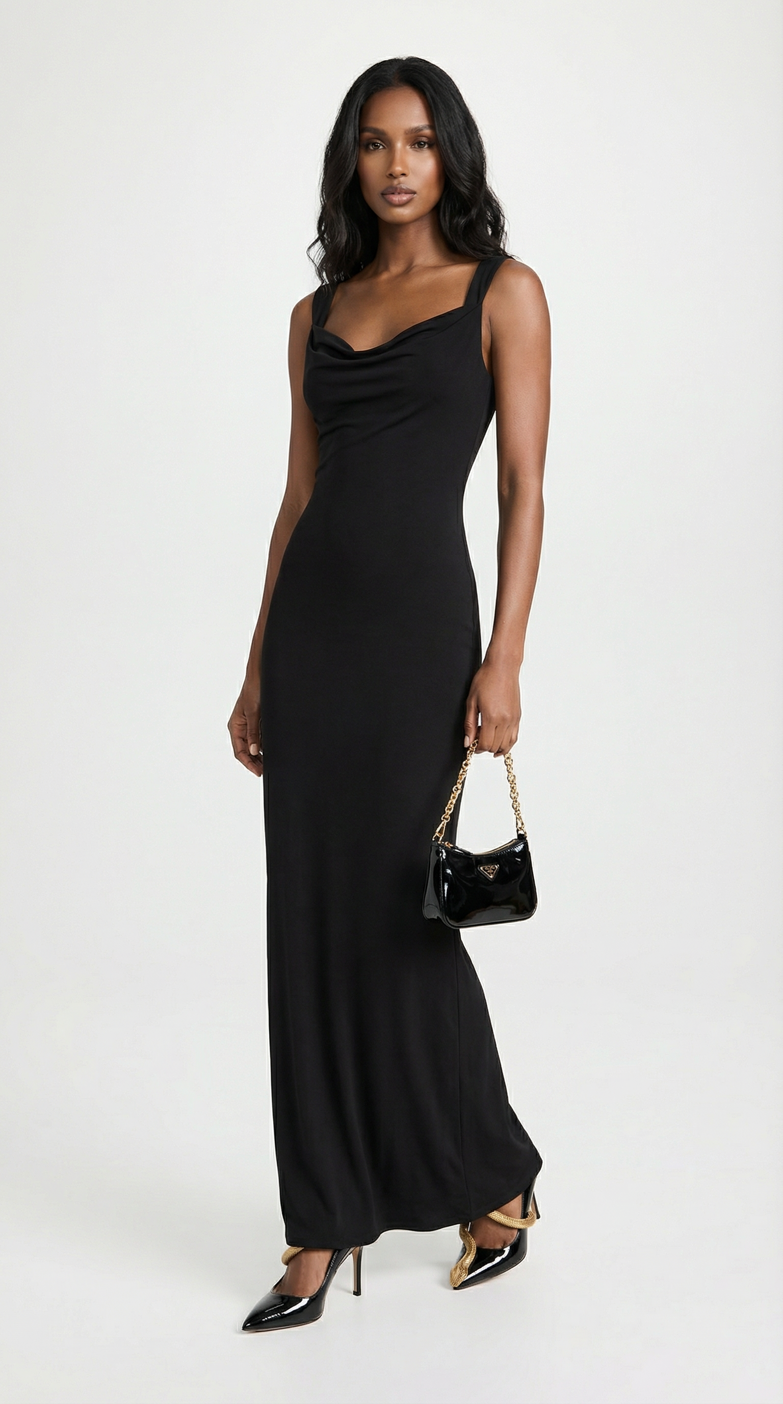 Essa - Sexy Bow Backless Cowl-Neck Maxi Dress Black