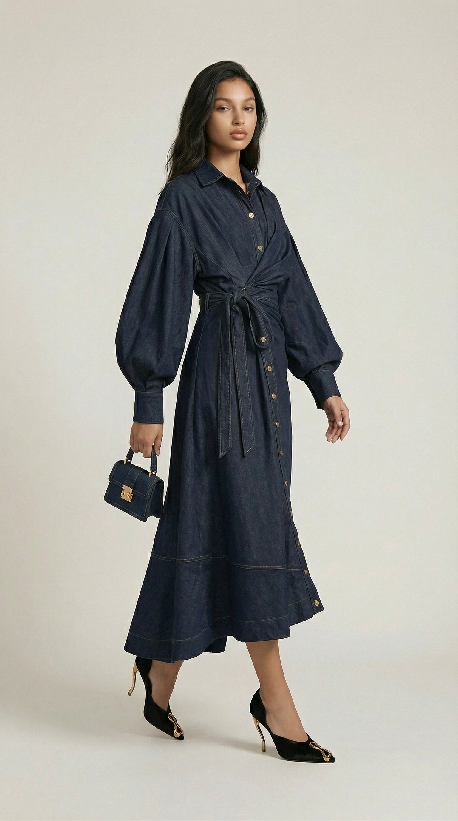 Sillo - Long Oversized Sleeves Dress Navy Blue Denim