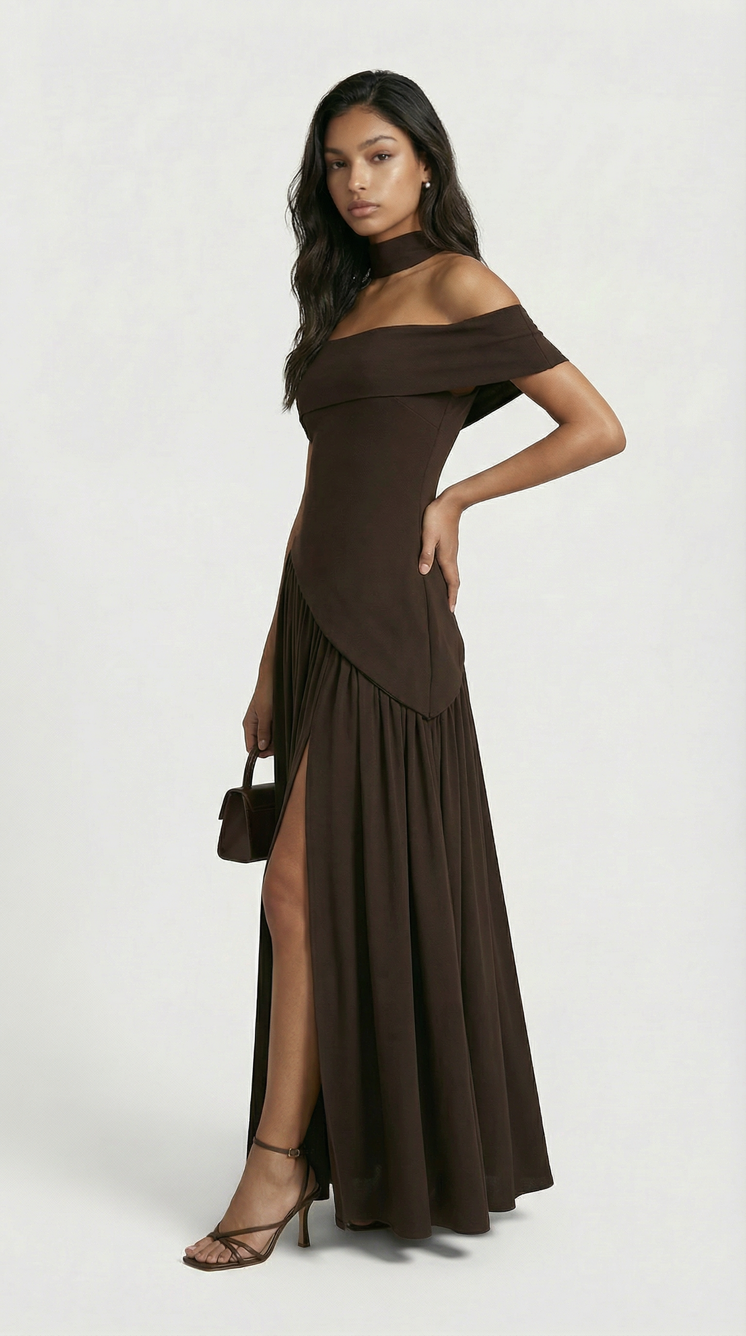 Fleur - Strapless Dress with Extravagant High Slit Brown