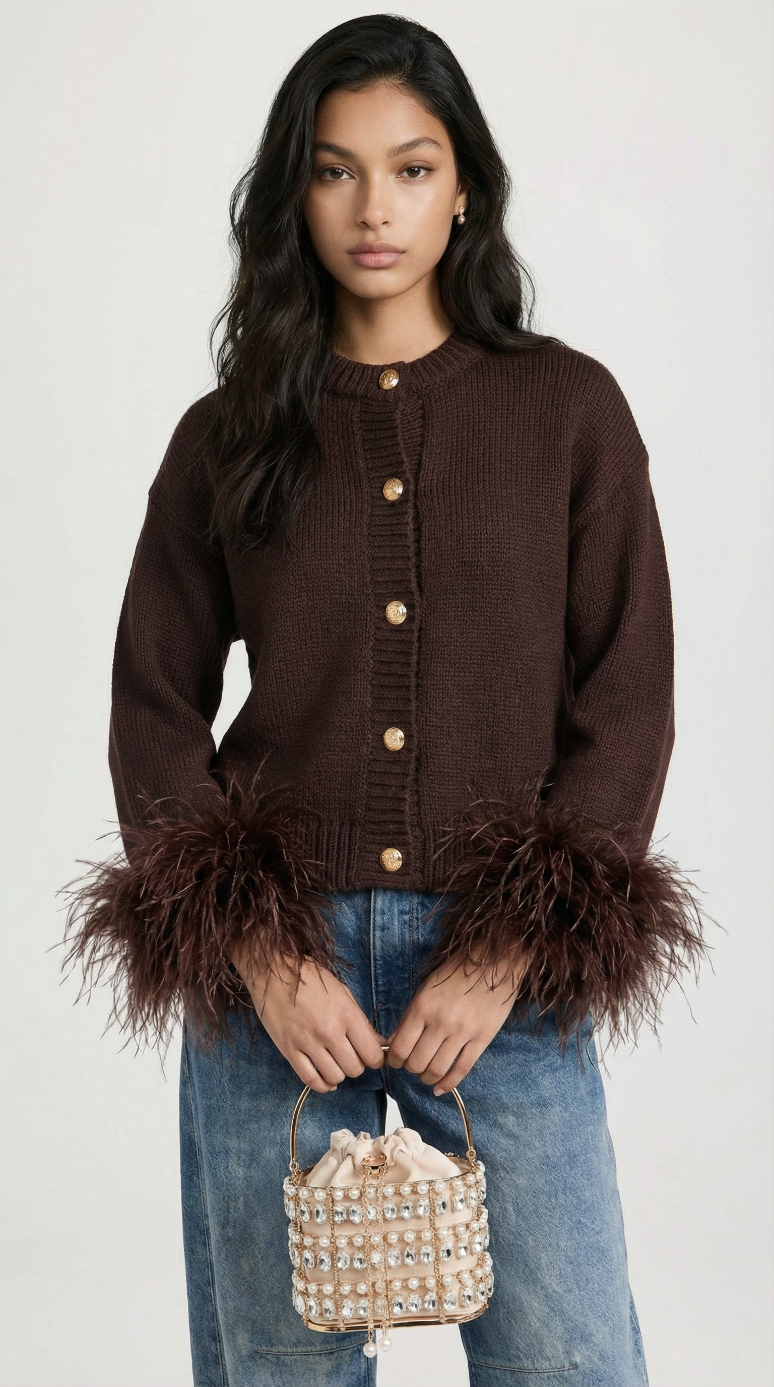 Lune - Feather-Trimmed Cotton Knit Cardigan Dark Brown