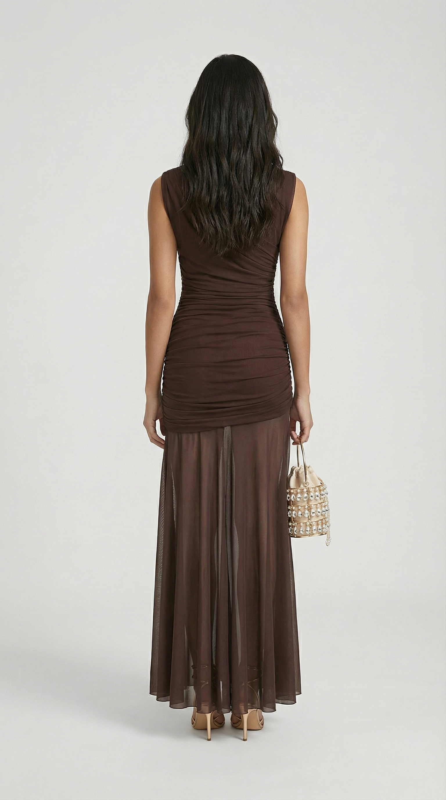 Clair - Minimalist Pleated Sculptural Long Dress Brown