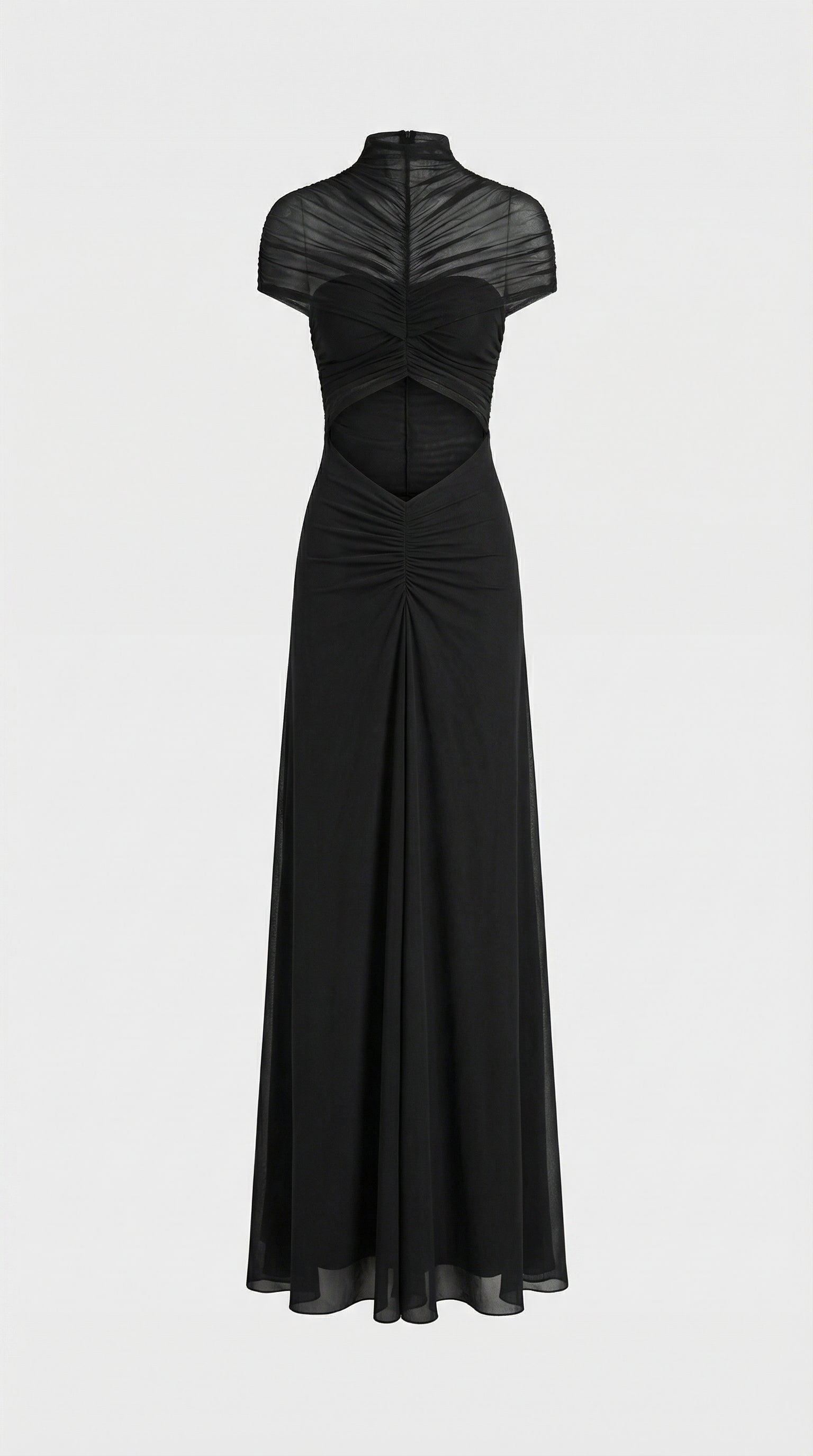 Aurea - Ruched Irregular Mesh Cut-Out Maxi Dress Black