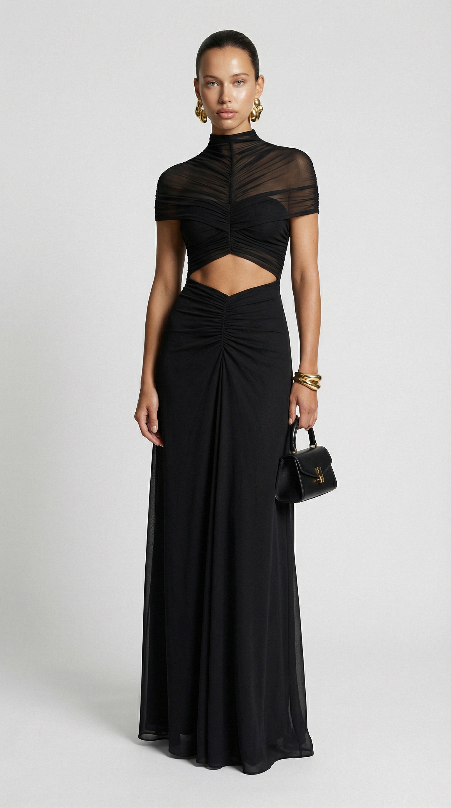 Aurea - Ruched Irregular Mesh Cut-Out Maxi Dress Black