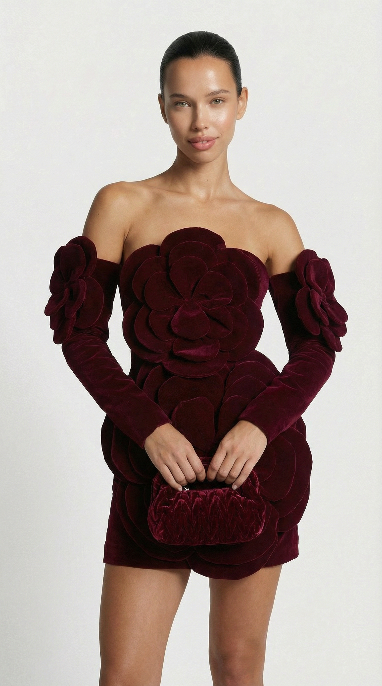 Solea - 3D Sculptural Velvet Floral Gown & Gloves Set Red
