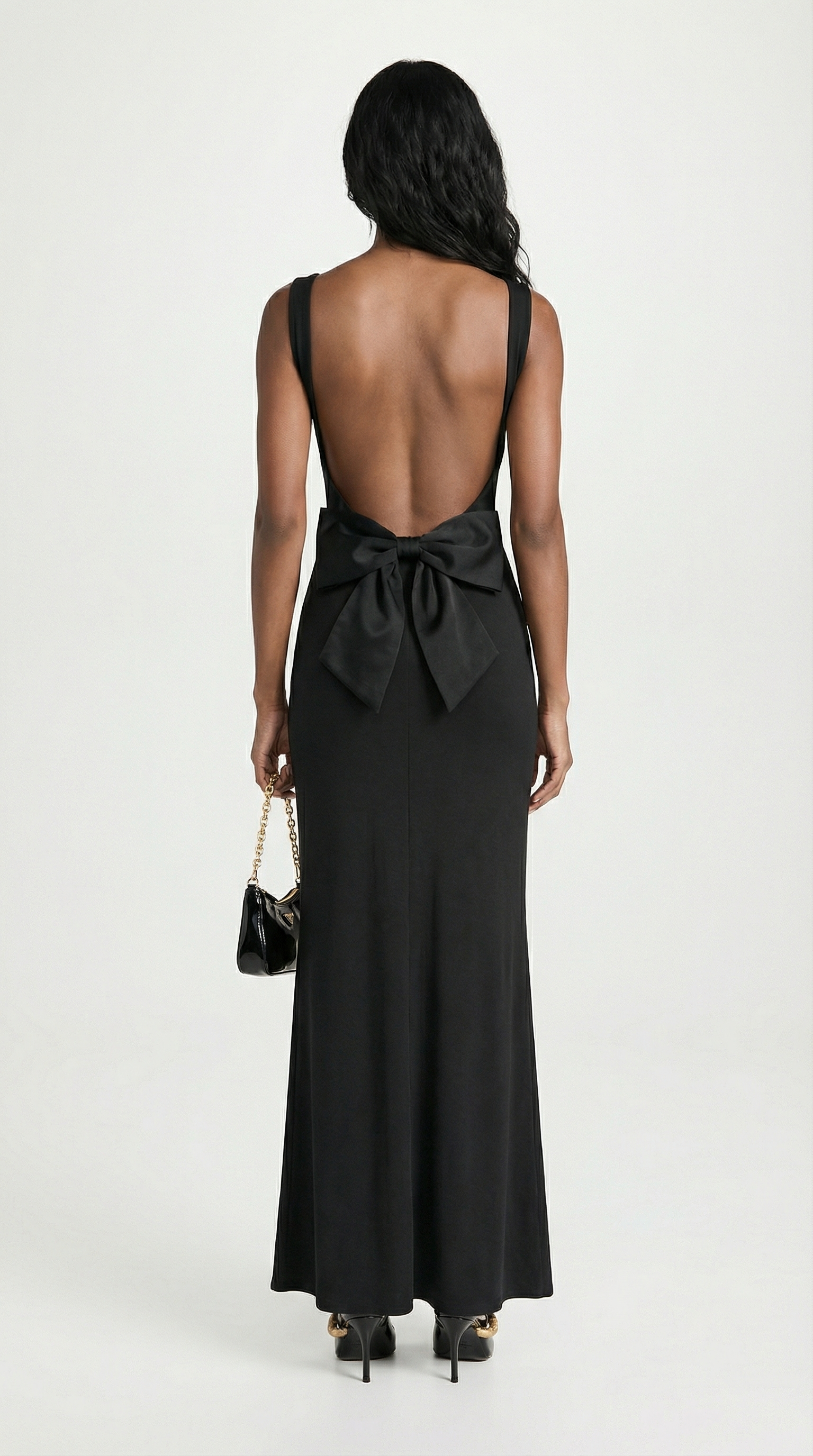 Essa - Sexy Bow Backless Cowl-Neck Maxi Dress Black