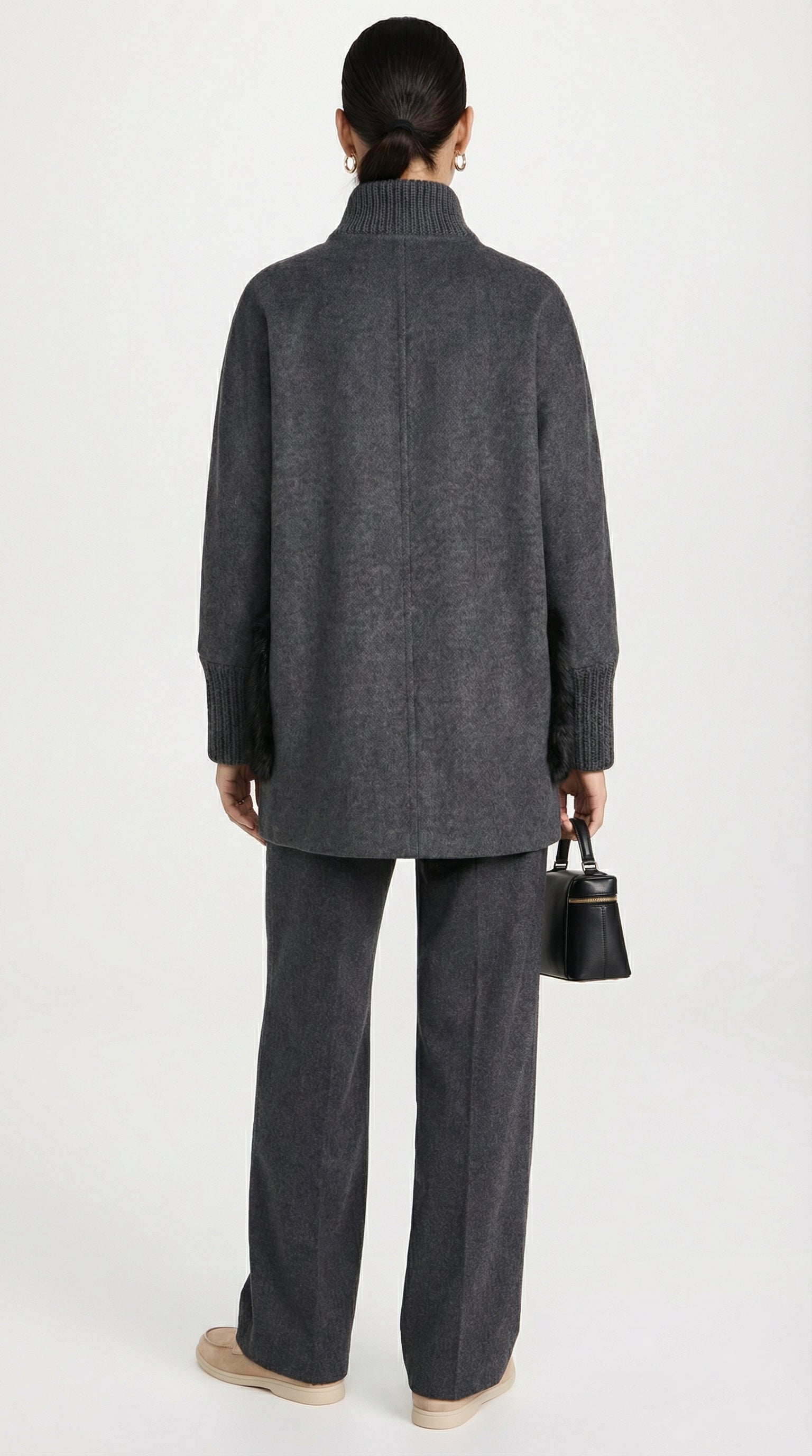 Seriss - Loose Knit Fur Sweater with Standup Collar Gray