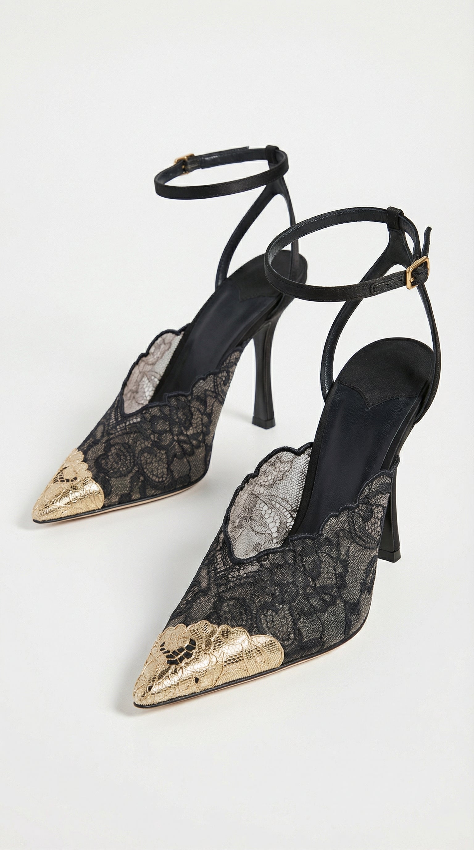Kiva - Lace Embroidery Metal Pointed Heels Black