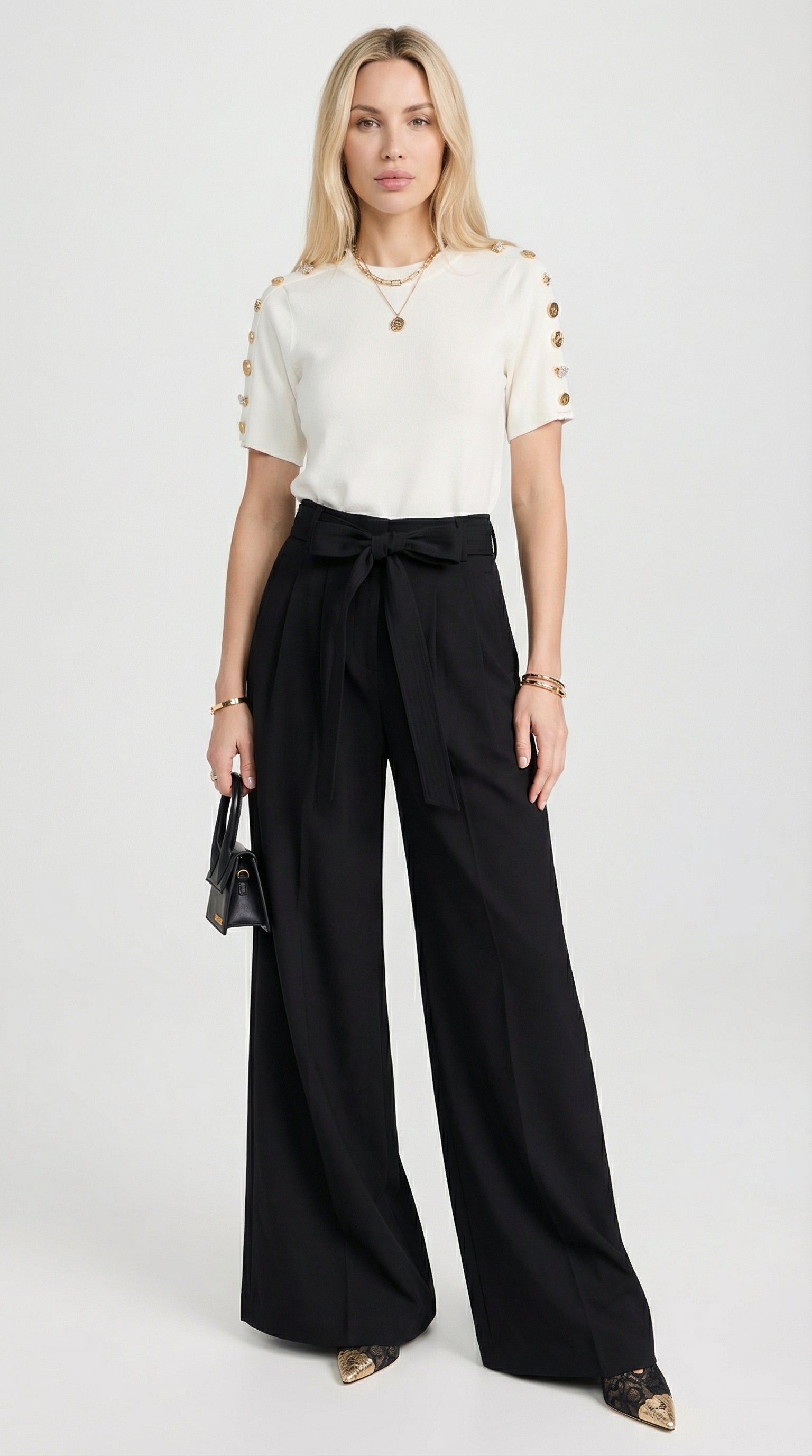 Nalo - Tie-Strap Pleated Wide-Legs Black