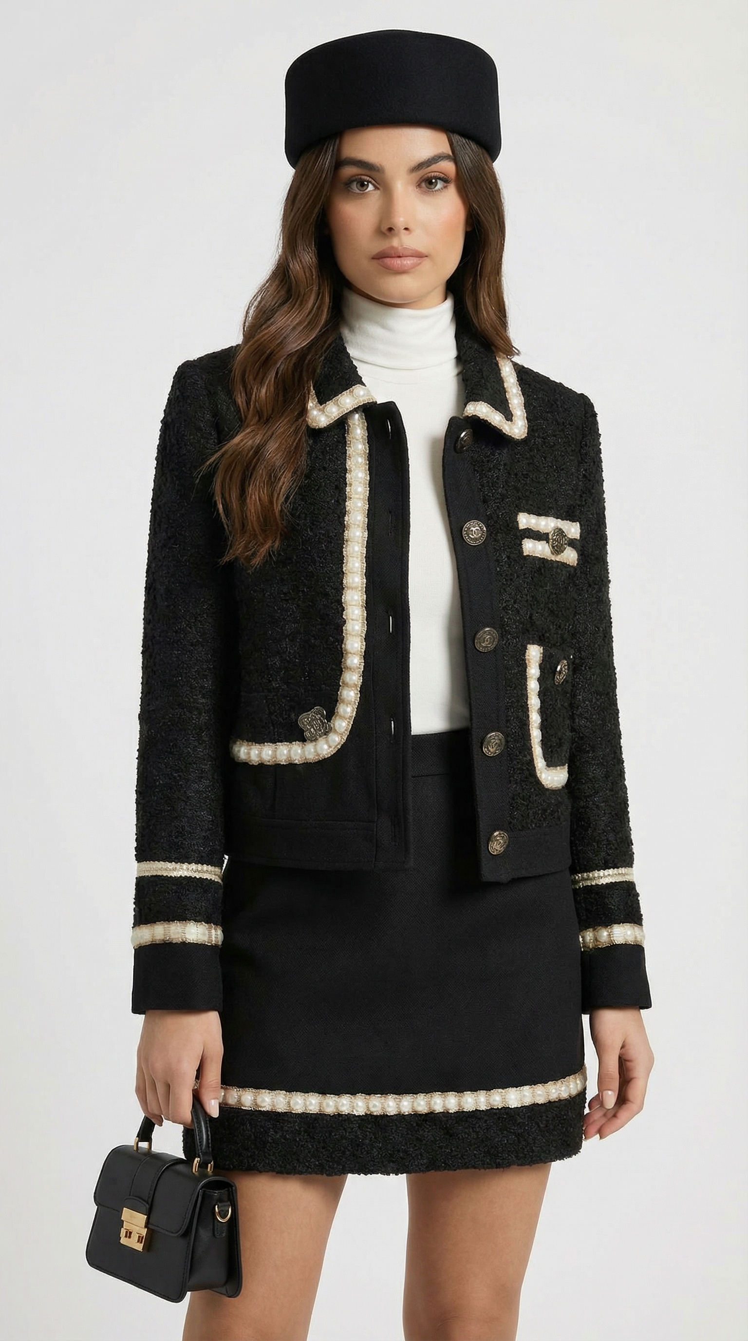 Avelin - Tweed Black Suit Set with Top and Mini A-Line Skirt