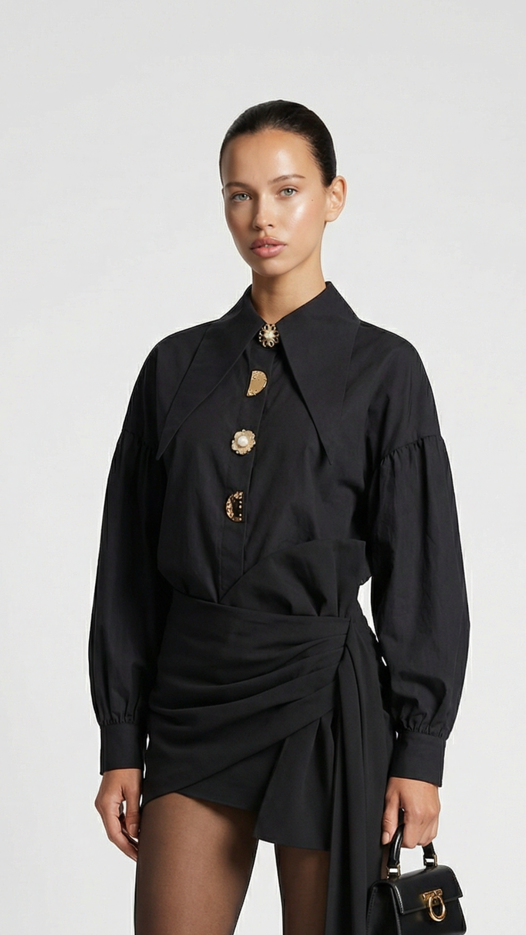 Verito - Loose Long Sleeve Shirt with Pointed Collar and Jewellery Buttons Black