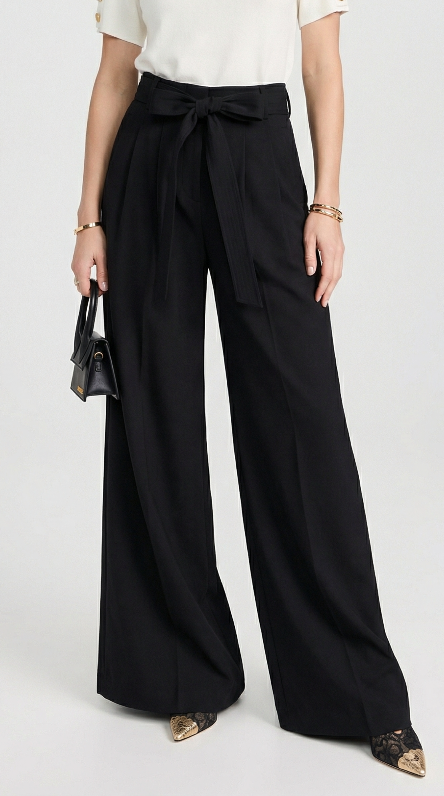 Nalo - Tie-Strap Pleated Wide-Legs Black