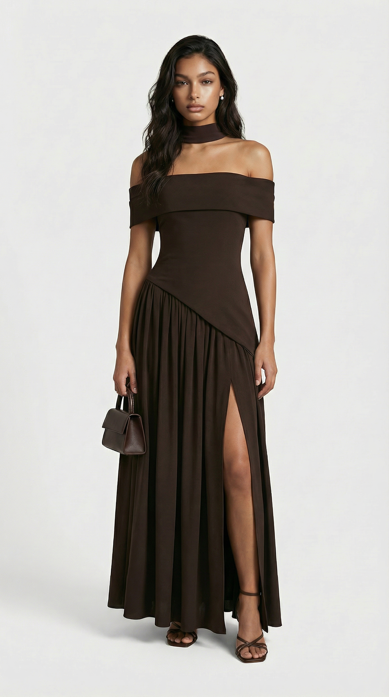 Fleur - Strapless Dress with Extravagant High Slit Brown