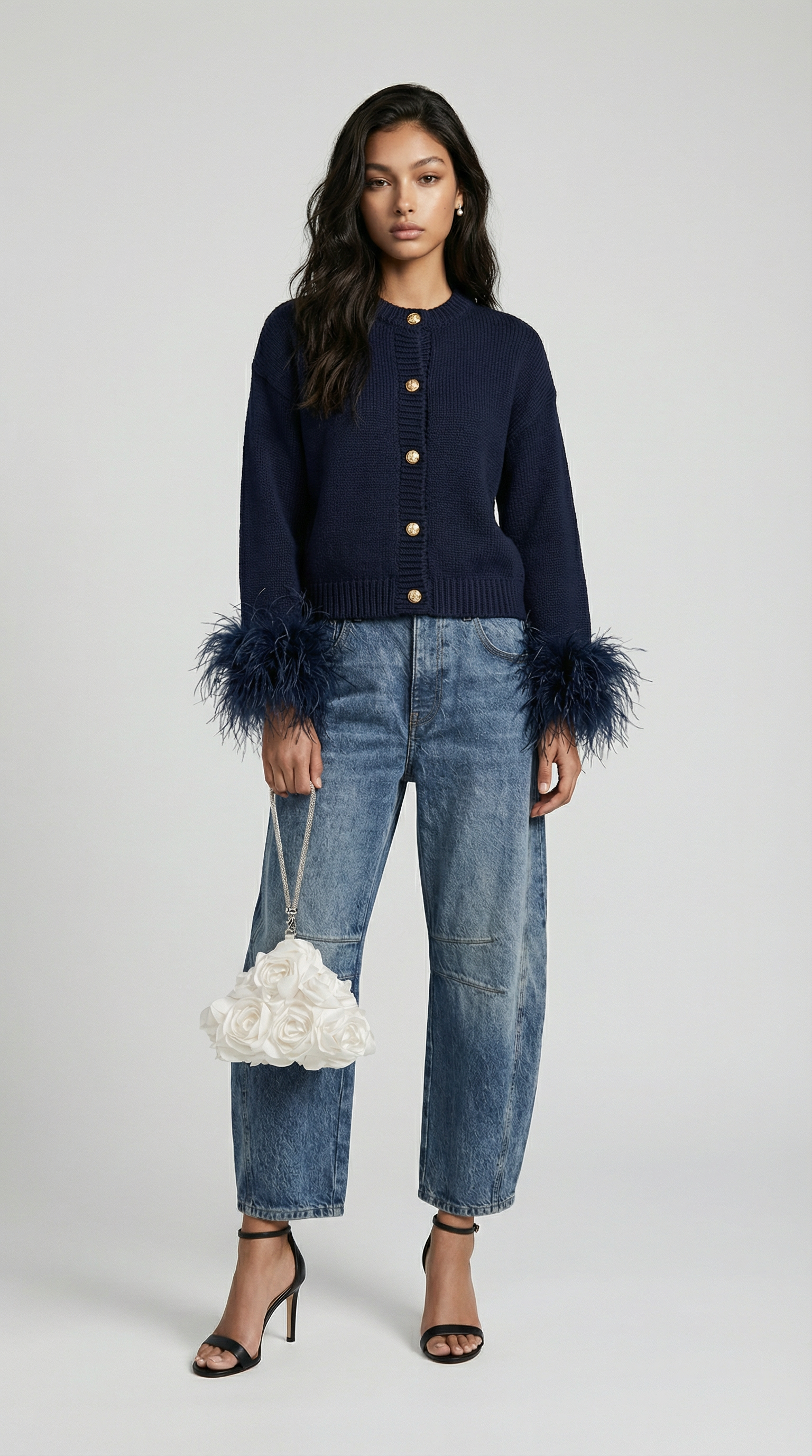 Lune - Feather-Trimmed Cotton Knit Cardigan Dark Blue