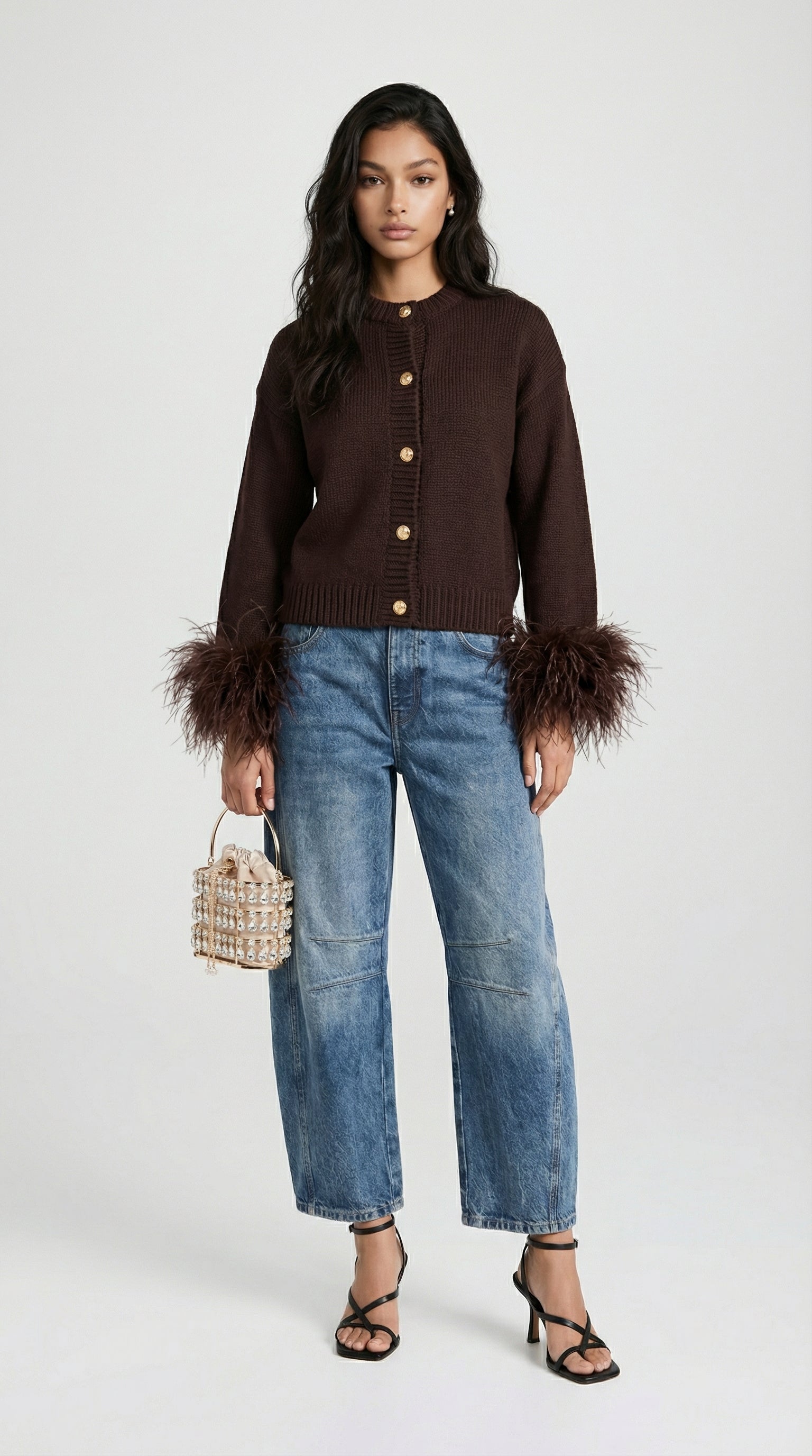 Lune - Feather-Trimmed Cotton Knit Cardigan Dark Brown