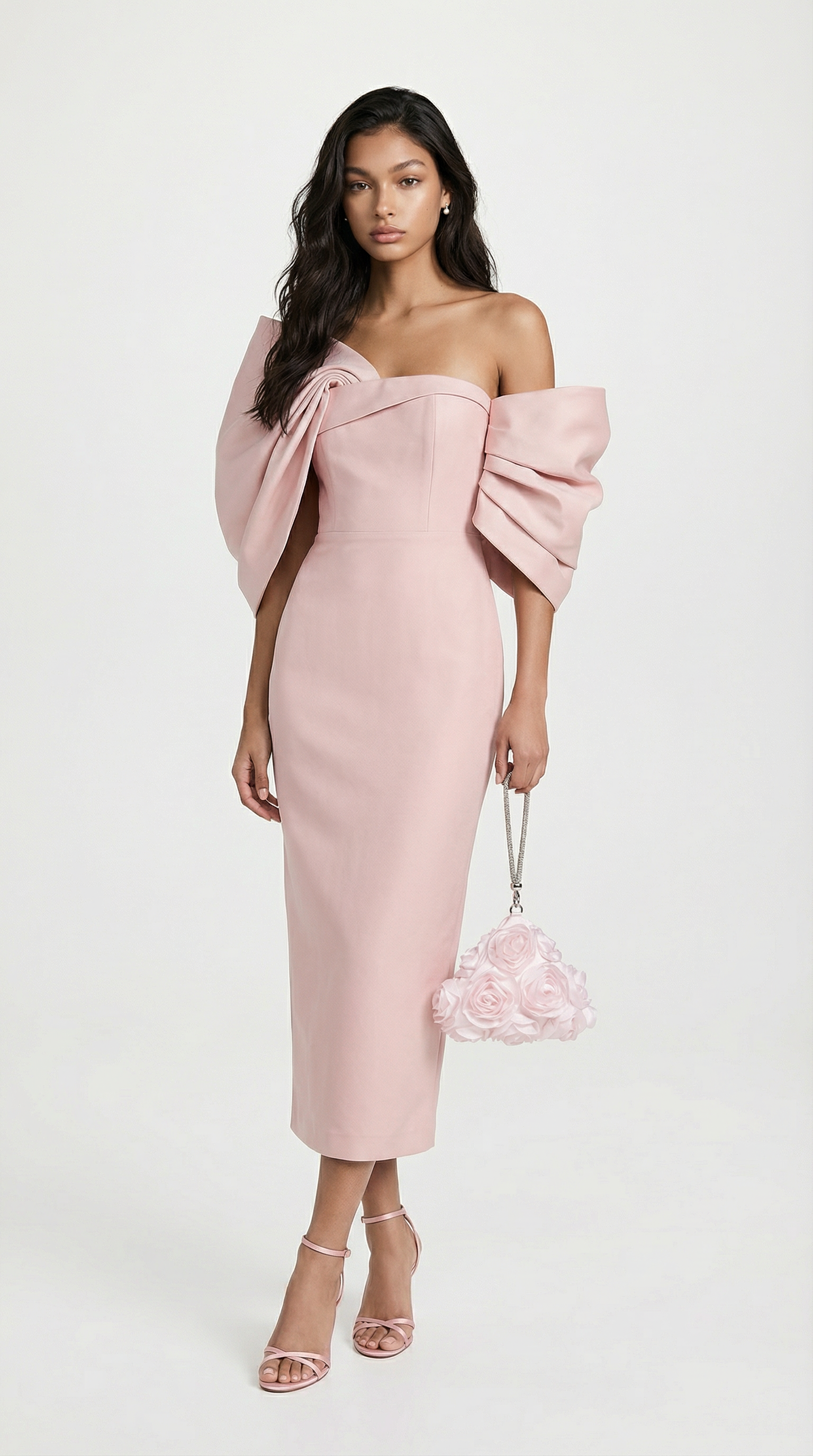 Modis - Sculptural Bow One-Shoulder Midi Dress Pink