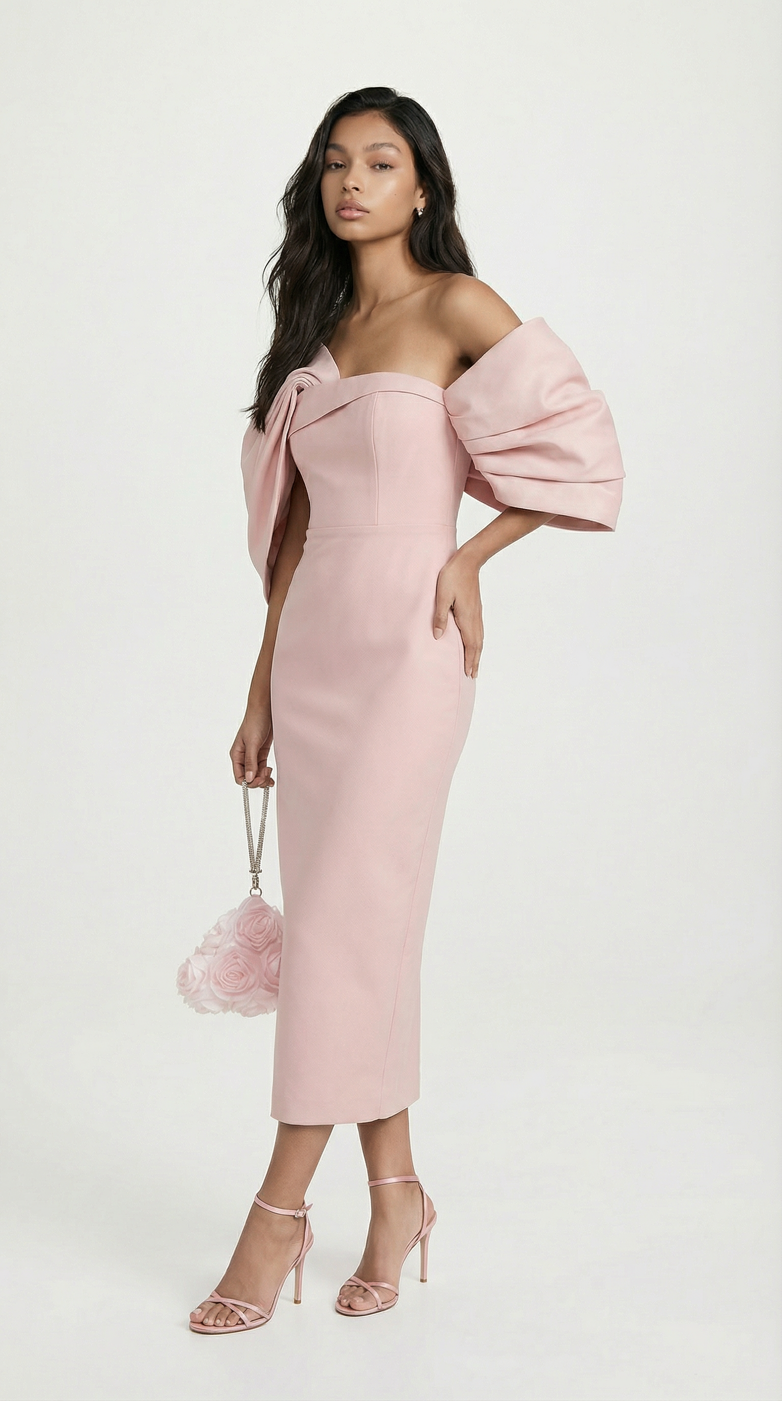 Modis - Sculptural Bow One-Shoulder Midi Dress Pink