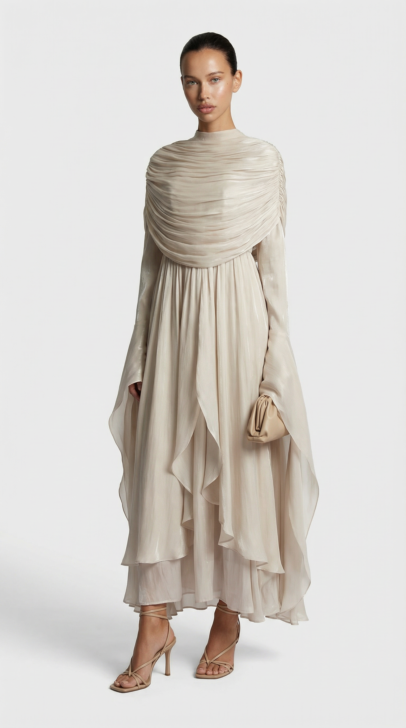 Kara - Irregular Pleated Ruffled Dress Light Apricot