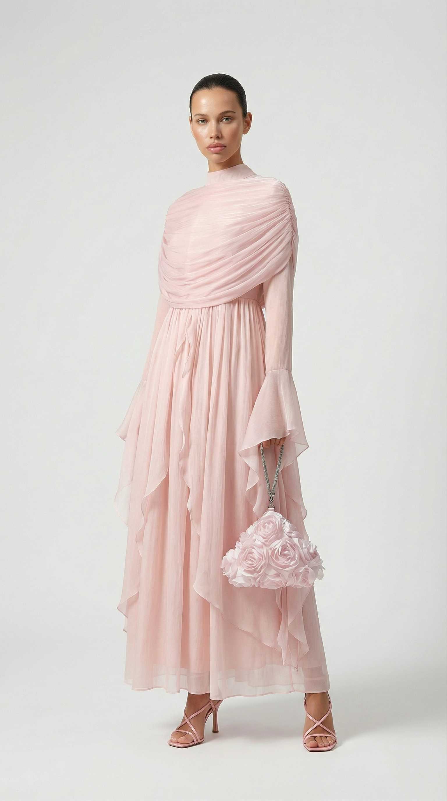 Kara - Irregular Pleated Ruffled Dress Light Pink