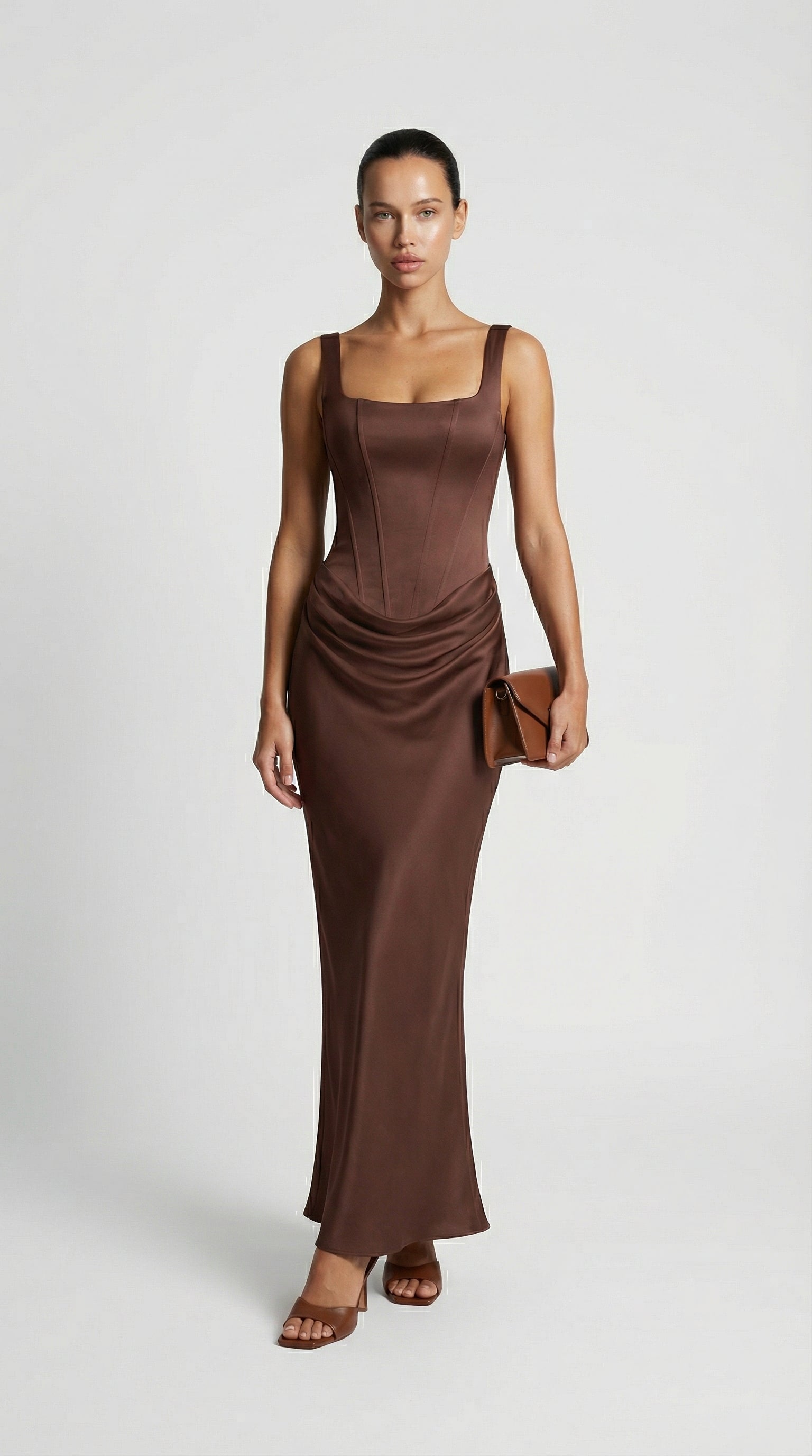 Aveline - Sculptural Fishbone Draped Maxi Dress Brown