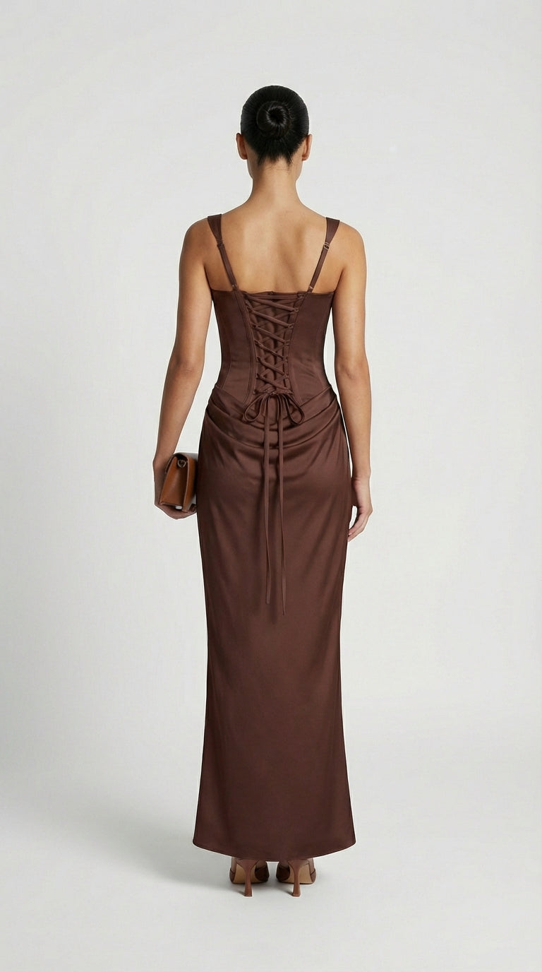 Aveline - Sculptural Fishbone Draped Maxi Dress Brown