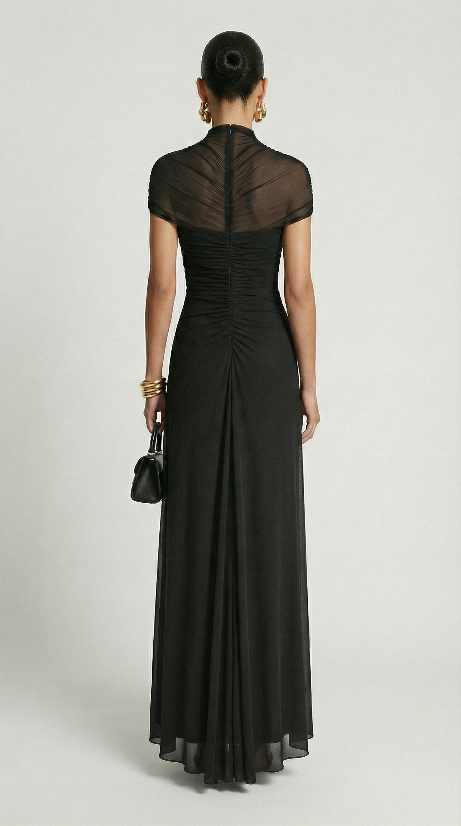 Aurea - Ruched Irregular  Mesh Cut-Out Maxi Dress Black