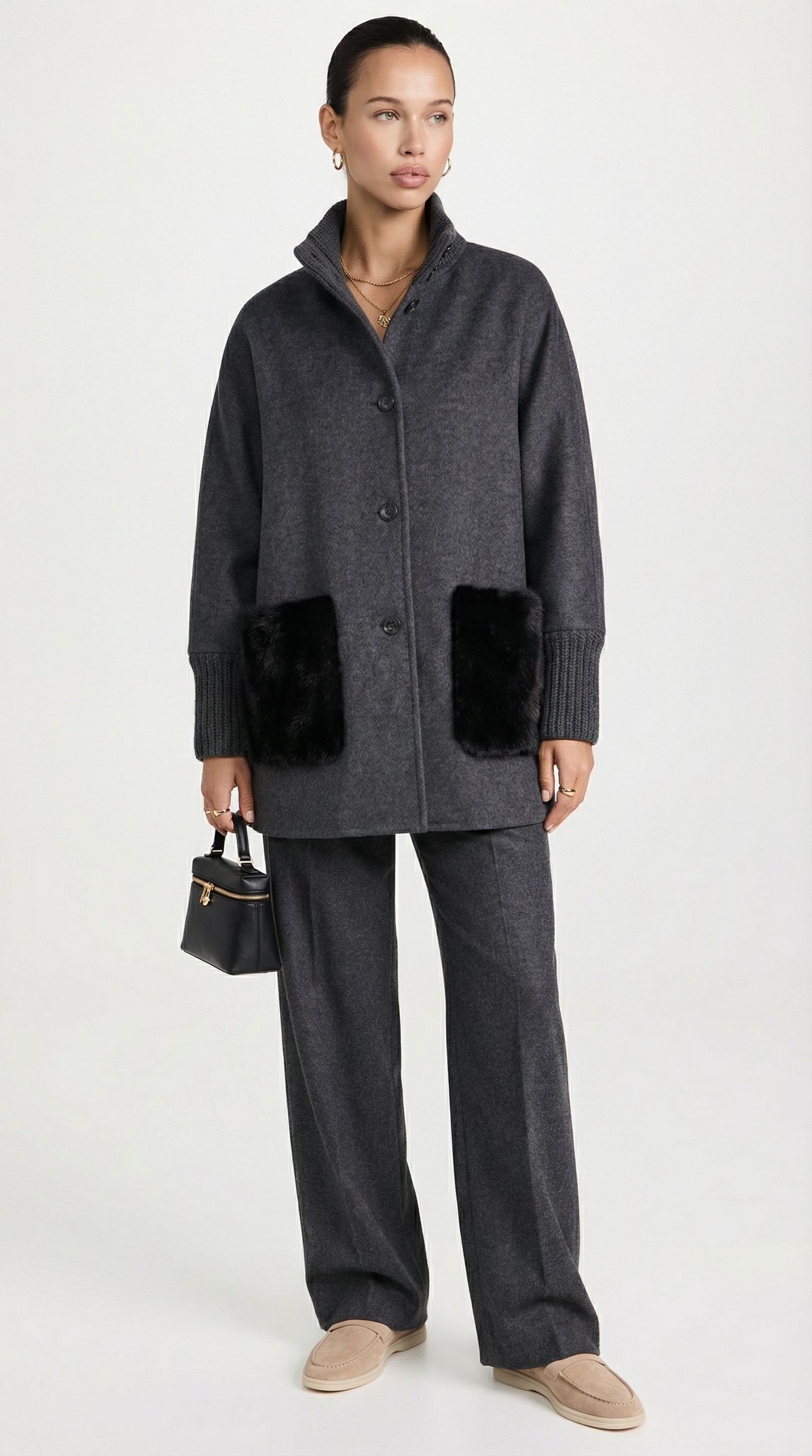 Seriss - Loose Knit Fur Sweater with Standup Collar Gray