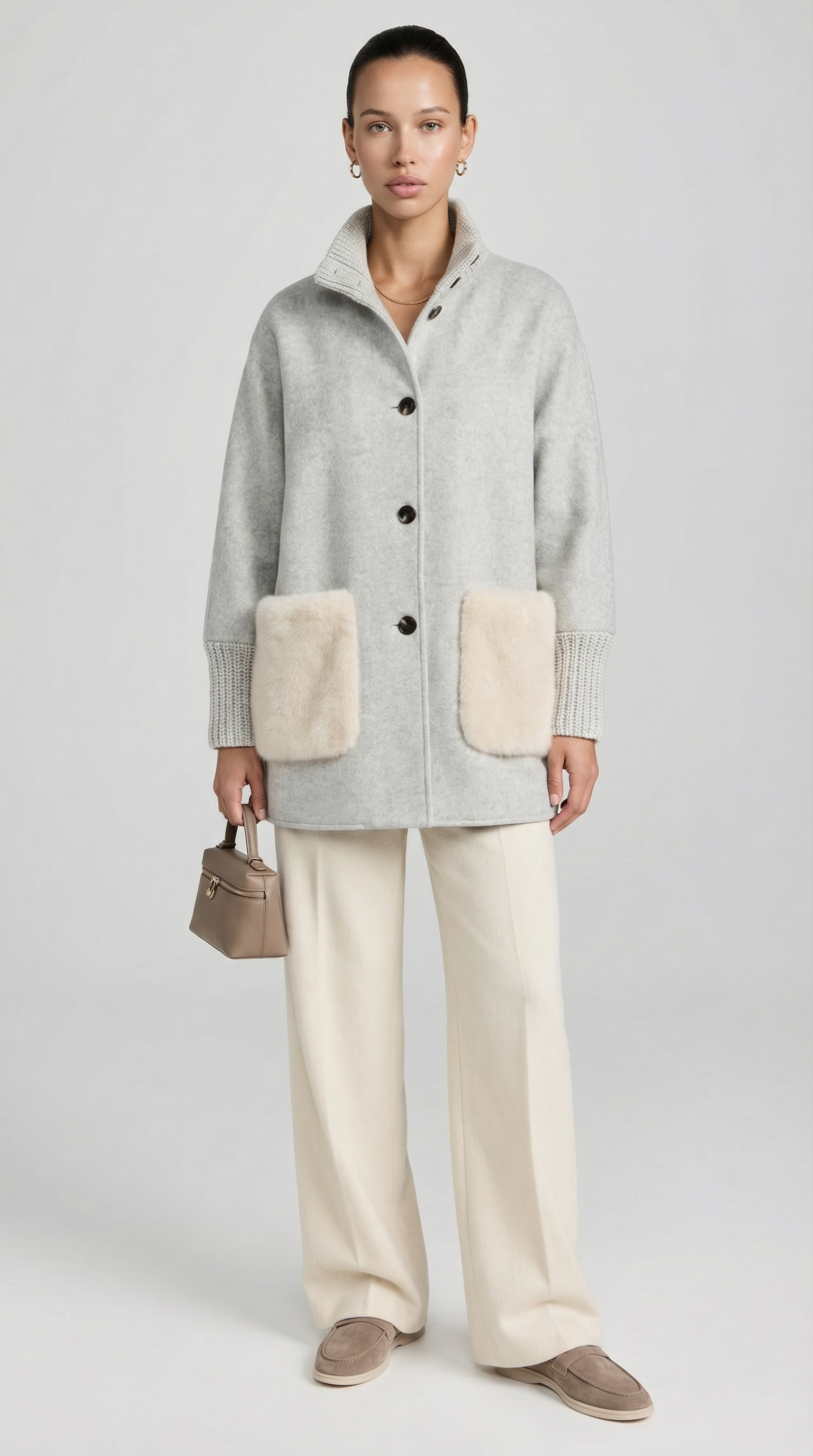 Seriss - Loose Knit Fur Sweater with Standup Collar Silver