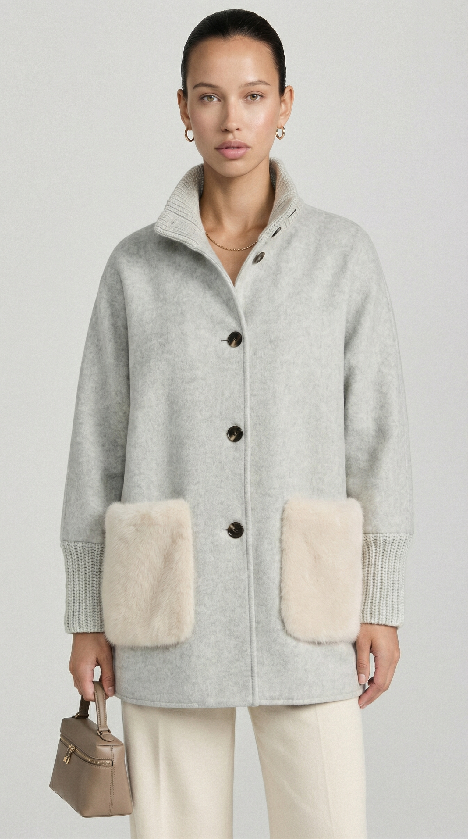 Seriss - Loose Knit Fur Sweater with Standup Collar Silver