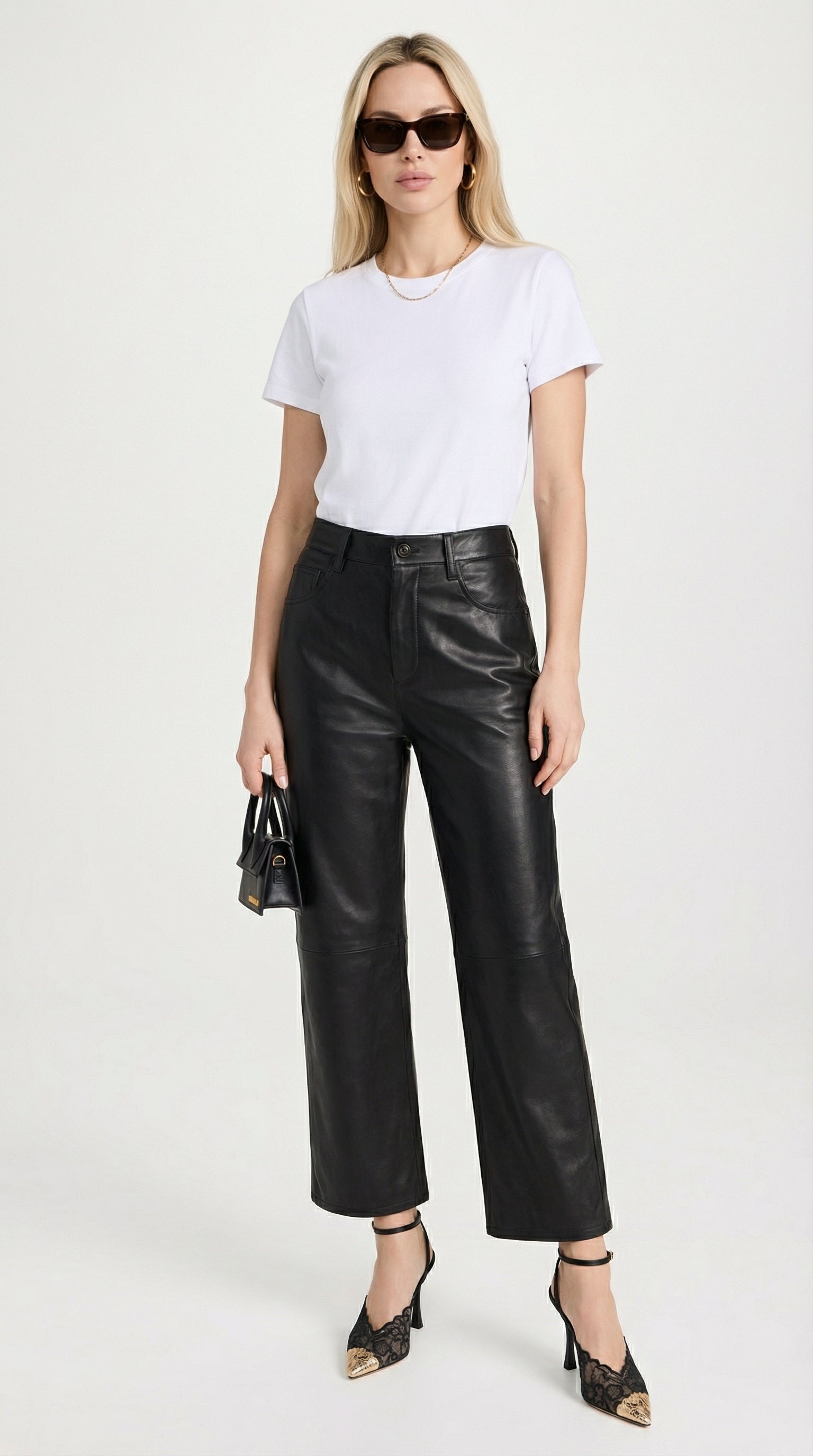 Lira - High Waist Genuine Leather Straight Cropped Trousers Black
