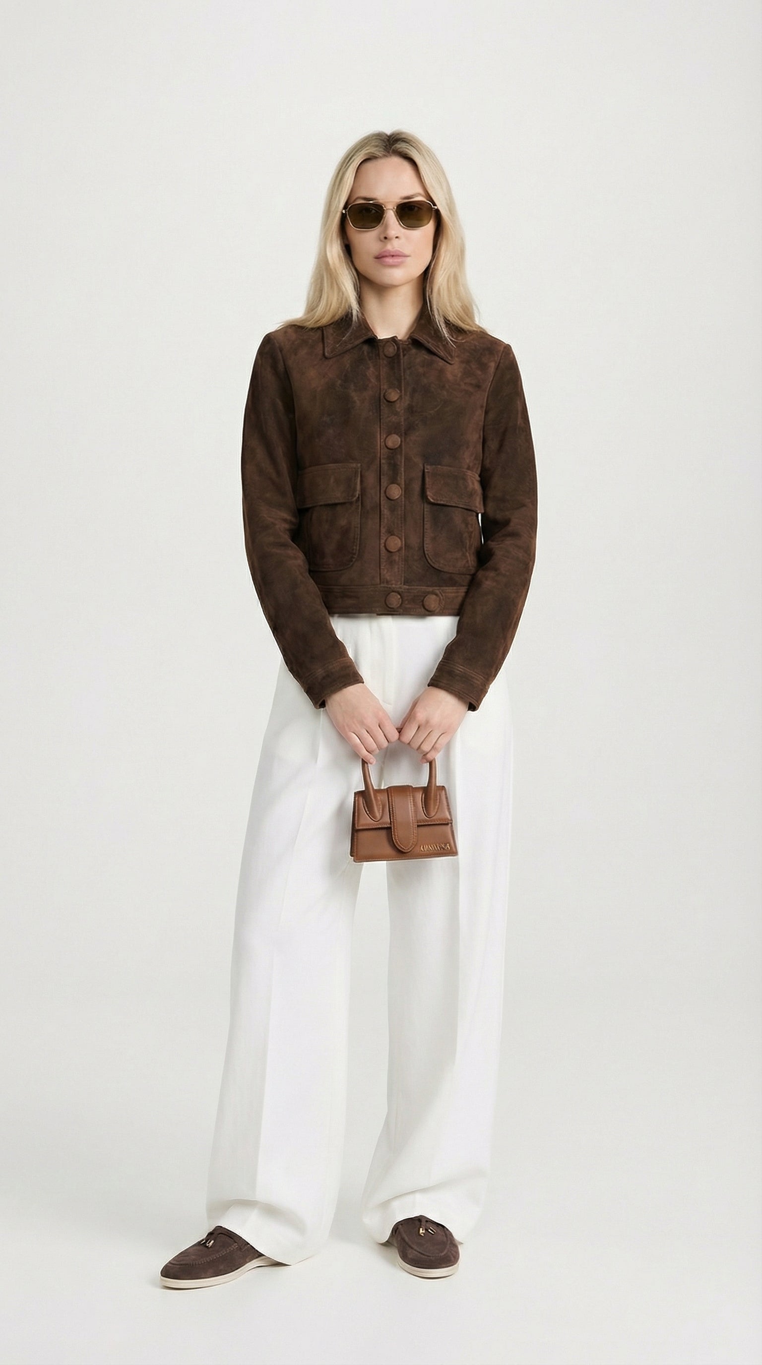 Arin - Dark Brown Suede Cropped Natural Leather Jacket