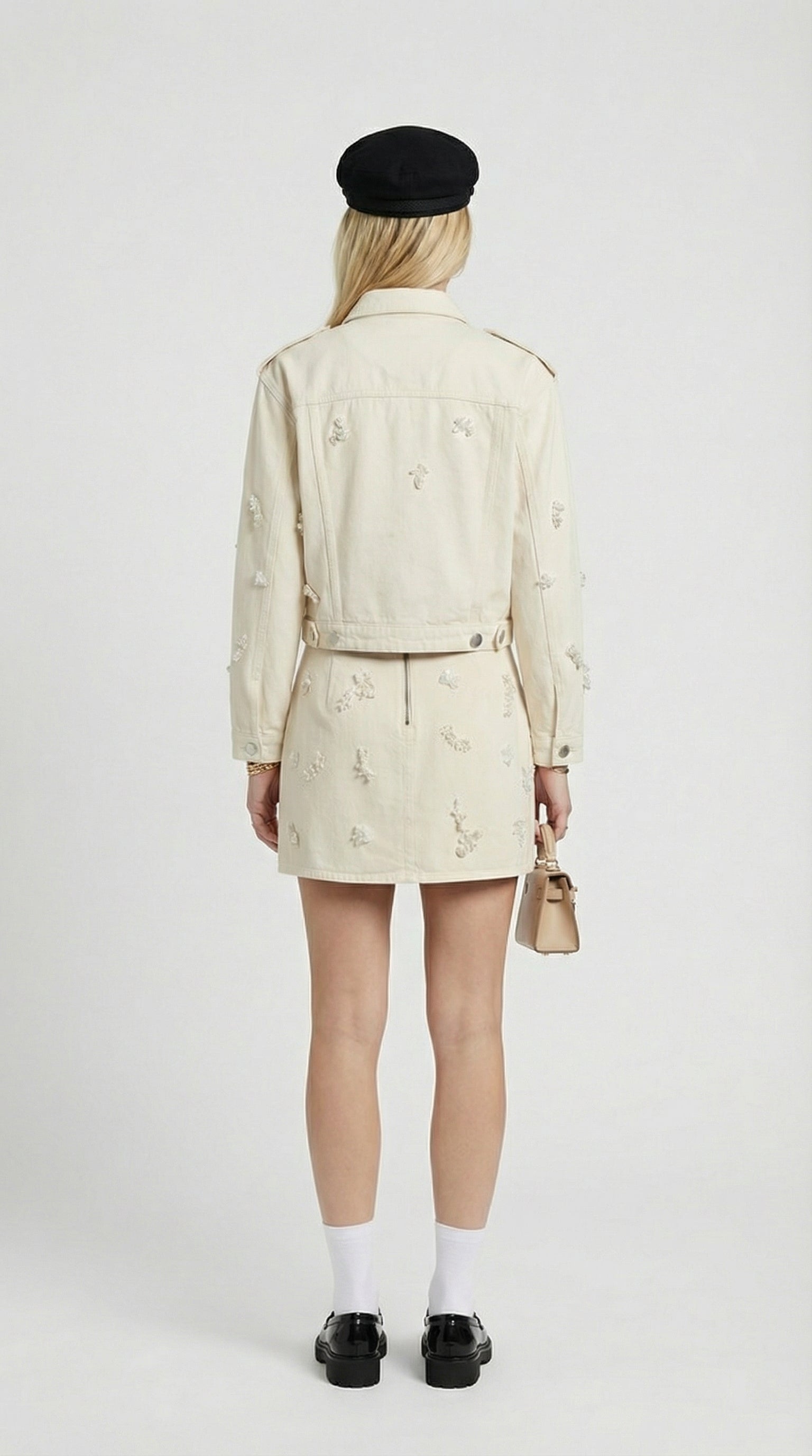 Nira - Beige Bead-Decorated Cotton Denim Set