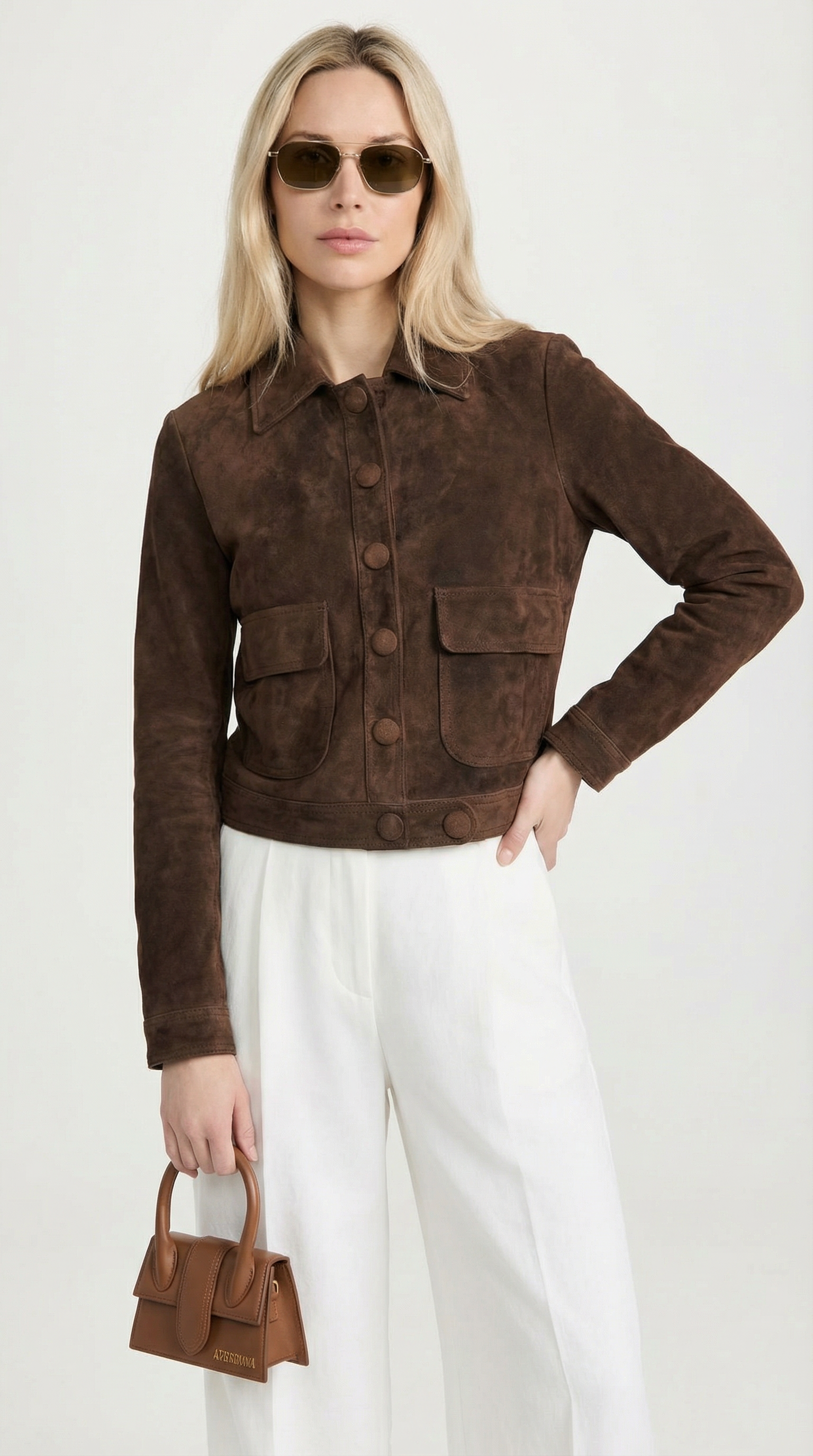 Arin - Dark Brown Suede Cropped Natural Leather Jacket